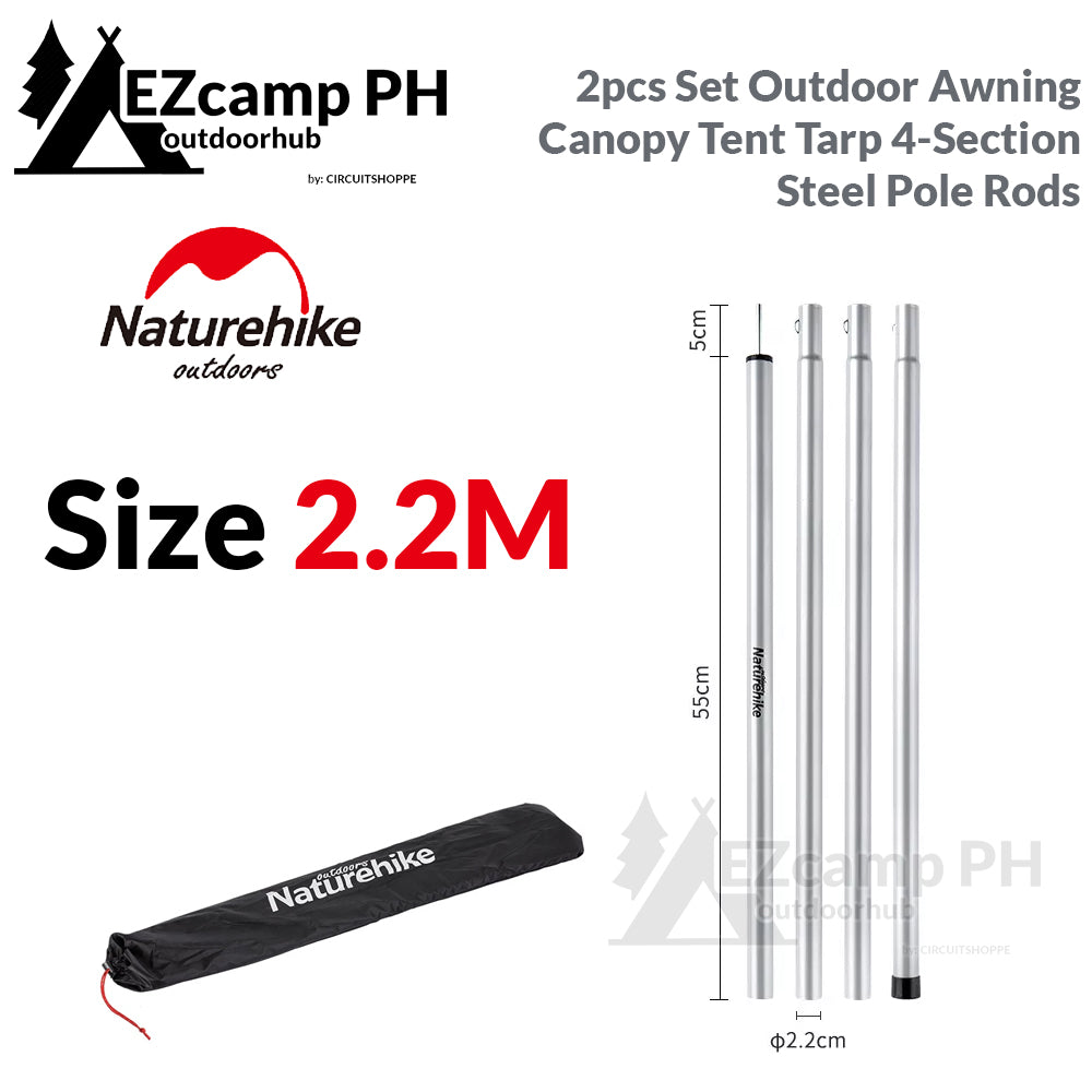 Naturehike 2pcs Set 2M | 2.2M | 2.4M Outdoor Portable Awning Canopy Tarp Tent Steel Iron Pole Rod 4 Section Camping Glamping Camp Shelter Support