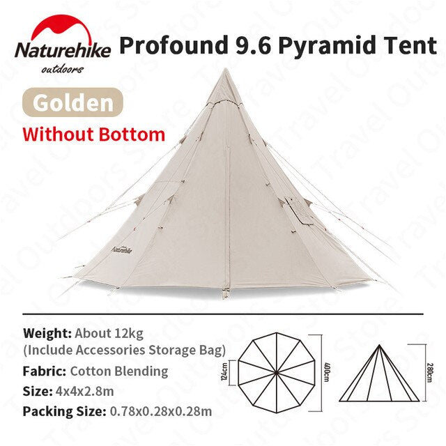 Naturehike PROFOUND Series 9.6 Cotton Pyramid Bell Camping Glamping Tent 9.3m² Large Family Group Waterproof Outdoor for 5 to 8 Person Tipi Tepee