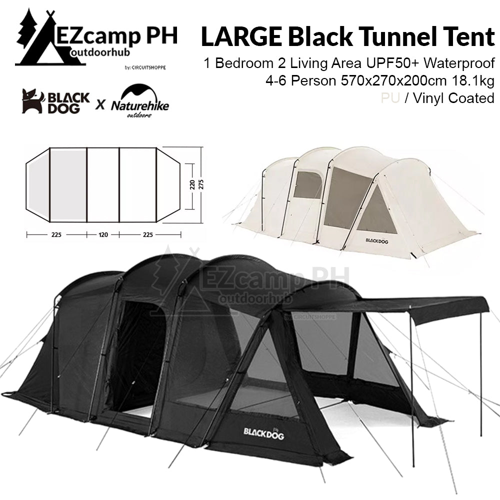 BLACKDOG by Naturehike Large Big Black Beige Tunnel Tent 4 to 6 Person 1 Bedroom 2 Living Area UPF50+ Outdoor Waterproof PU Vinyl Coated Camping