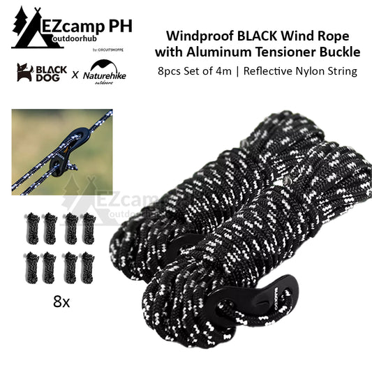 BLACKDOG by Naturehike 8pcs Set of 4m Black Wind Rope with Buckle Tensioner Outdoor Camping Tent Tarp Reflective Nylon Guy Lines 4mm String Size