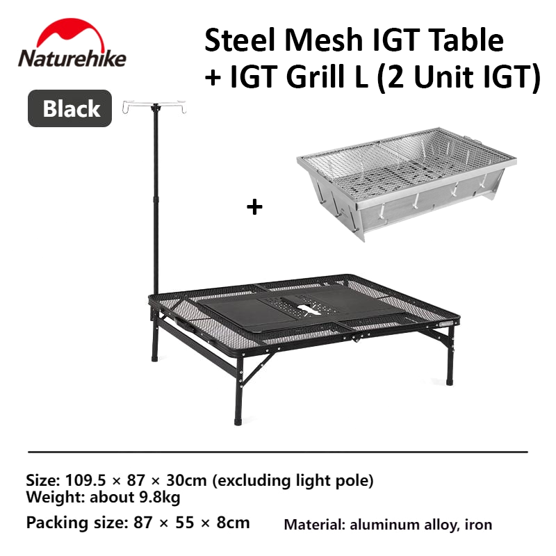 Naturehike Steel Mesh Adjustable 3-Unit IGT Table Portable Ultralight Folding Aluminum Black Outdoor Camping Picnic BBQ Grill Stove with Lamp Pole